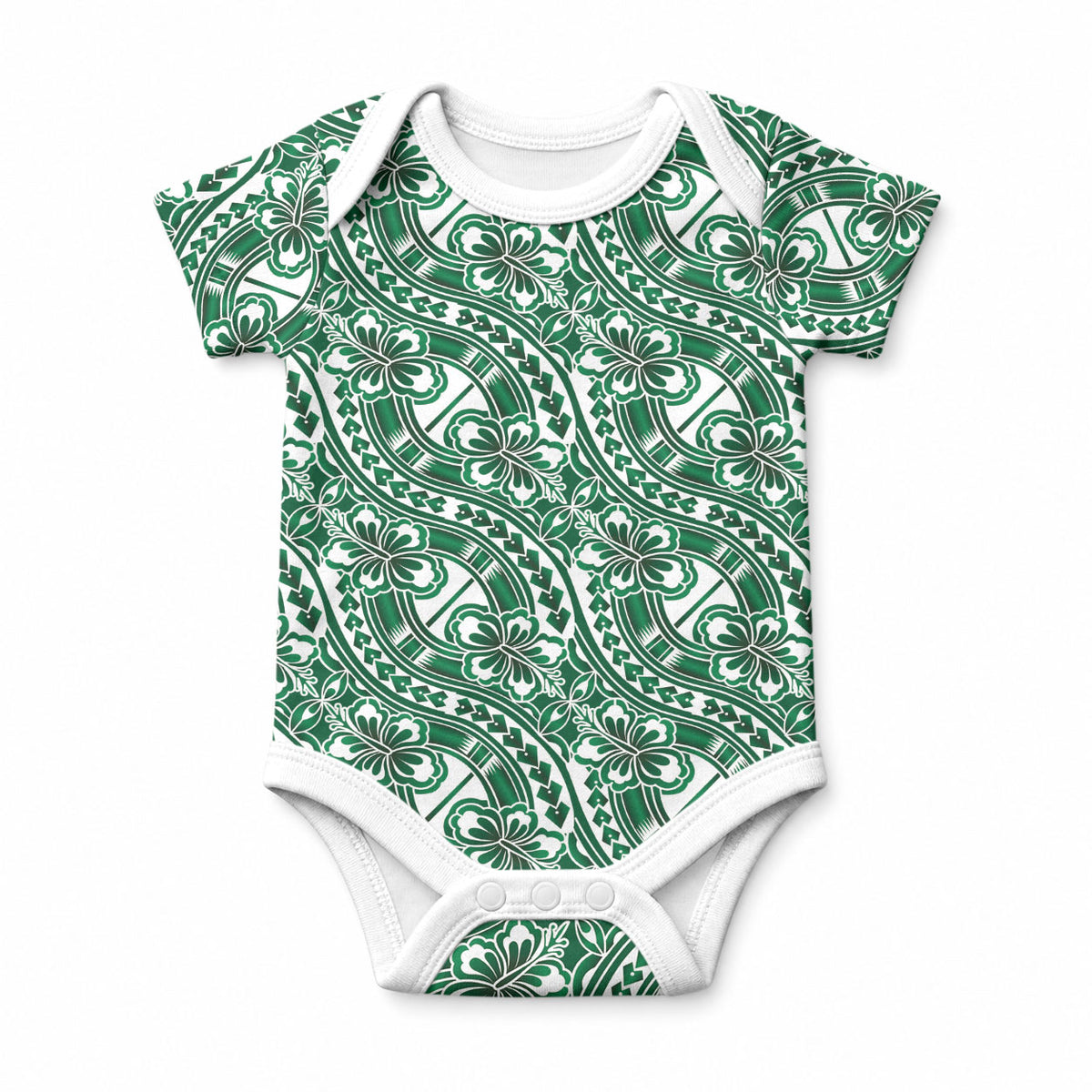 Hibiscus Bloom Island Tribal Waves Baby Onesie Green Polynesian Pattern