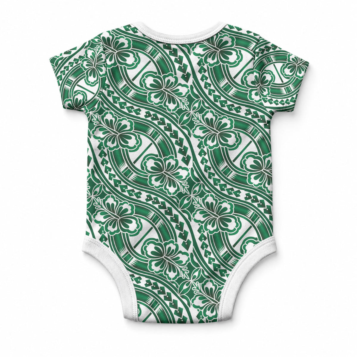 Hibiscus Bloom Island Tribal Waves Baby Onesie Green Polynesian Pattern