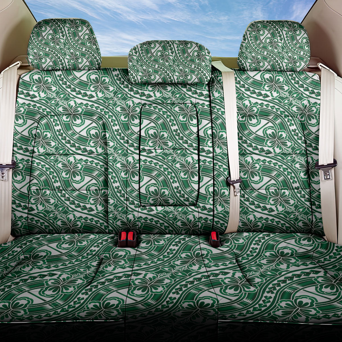 Hibiscus Bloom Island Tribal Waves Back Car Seat Cover Green Polynesian Pattern