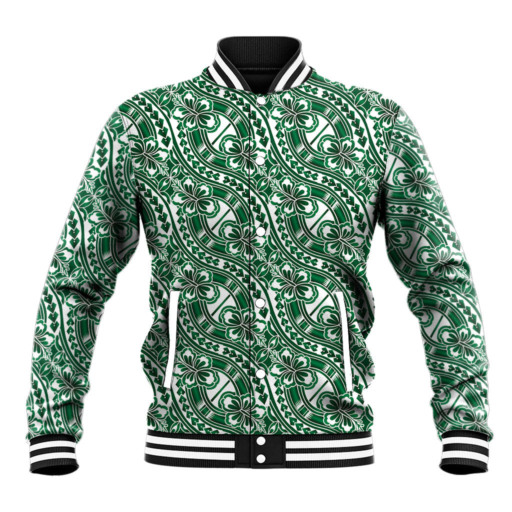 Hibiscus Bloom Island Tribal Waves Baseball Jacket Green Polynesian Pattern