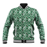 Hibiscus Bloom Island Tribal Waves Baseball Jacket Green Polynesian Pattern