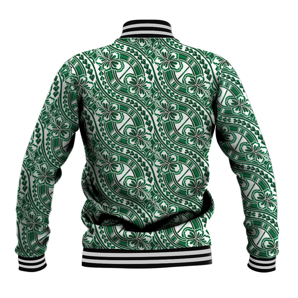Hibiscus Bloom Island Tribal Waves Baseball Jacket Green Polynesian Pattern