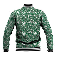 Hibiscus Bloom Island Tribal Waves Baseball Jacket Green Polynesian Pattern
