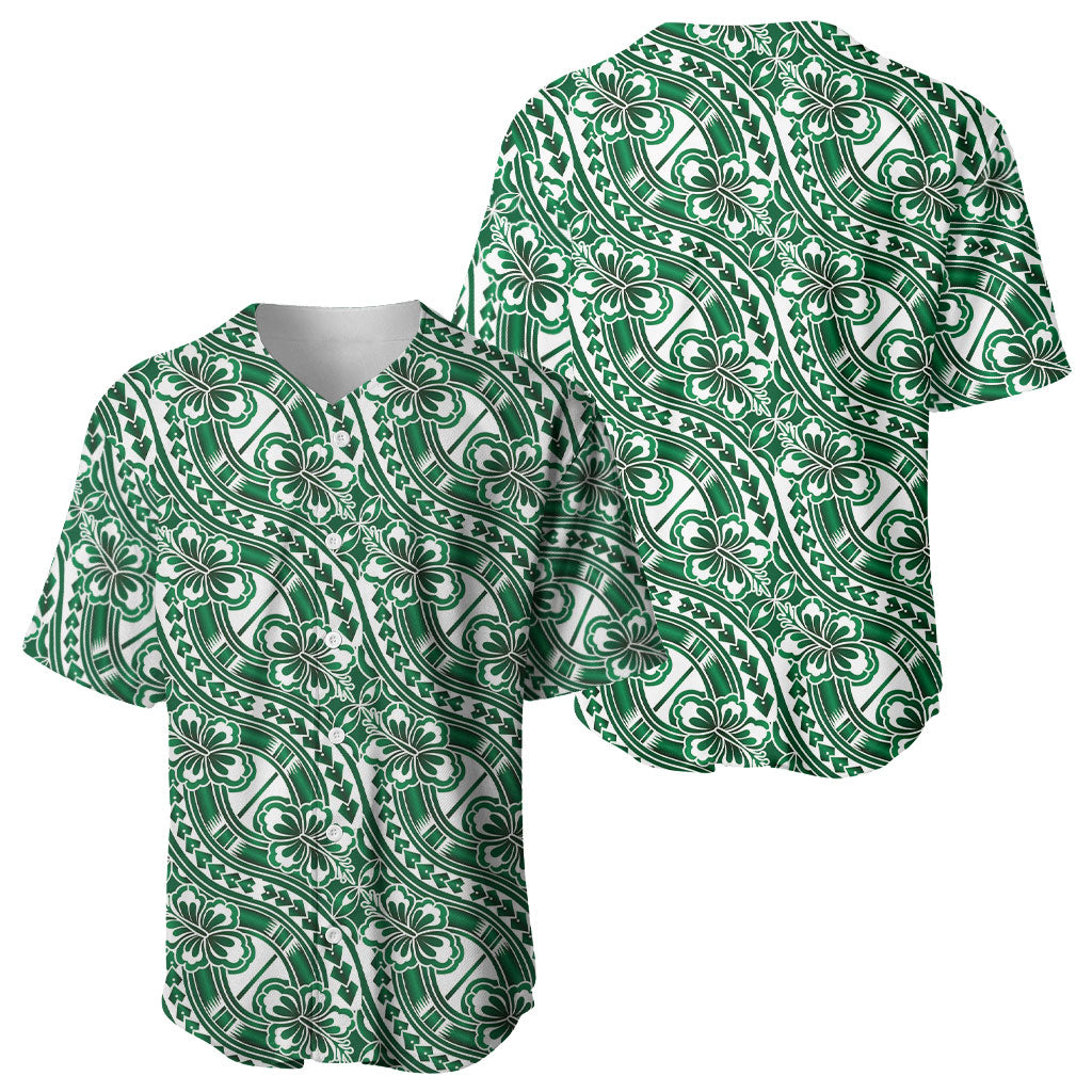Hibiscus Bloom Island Tribal Waves Baseball Jersey Green Polynesian Pattern