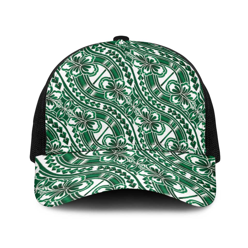 Hibiscus Bloom Island Tribal Waves Baseball Net Cap Green Polynesian Pattern