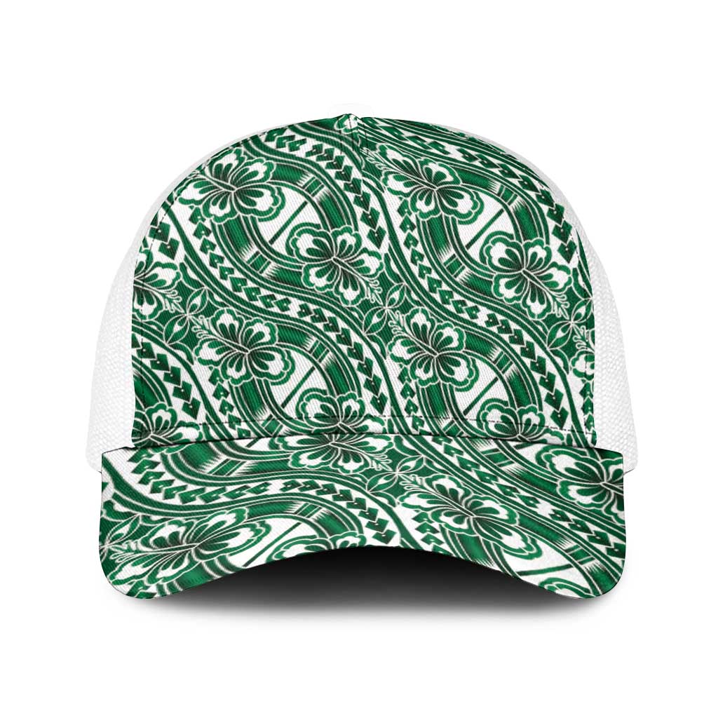 Hibiscus Bloom Island Tribal Waves Baseball Net Cap Green Polynesian Pattern