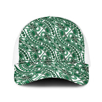 Hibiscus Bloom Island Tribal Waves Baseball Net Cap Green Polynesian Pattern
