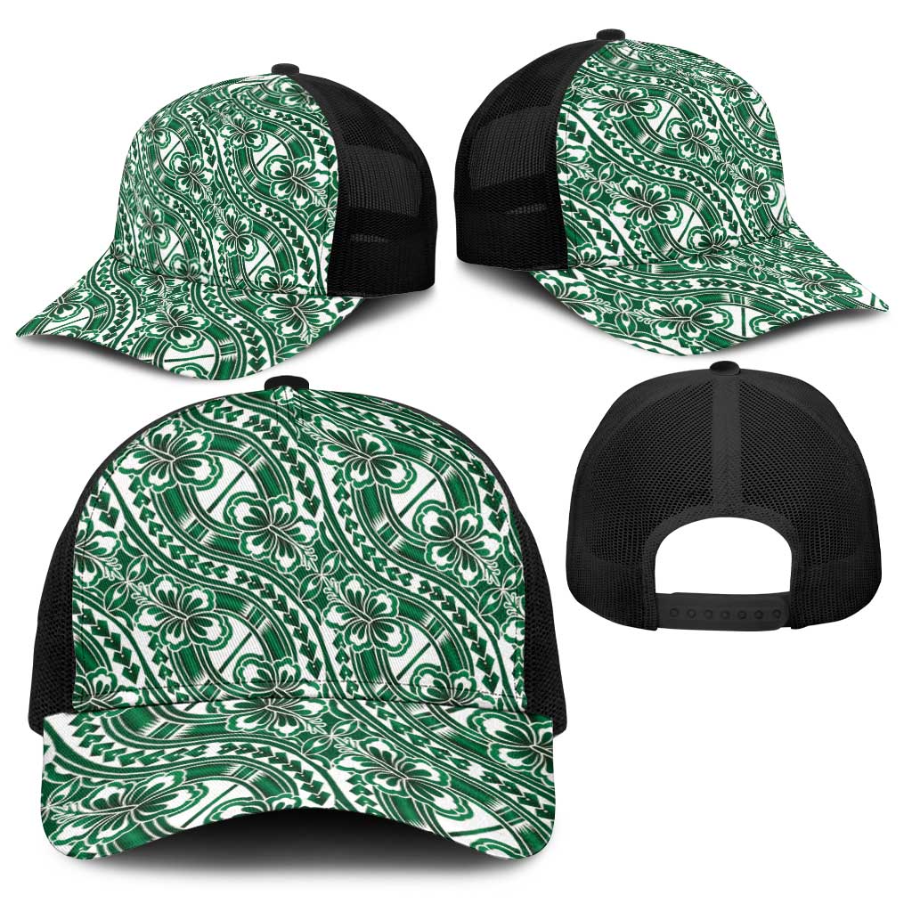 Hibiscus Bloom Island Tribal Waves Baseball Net Cap Green Polynesian Pattern