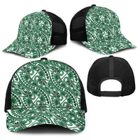 Hibiscus Bloom Island Tribal Waves Baseball Net Cap Green Polynesian Pattern