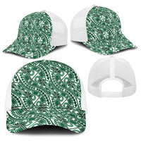 Hibiscus Bloom Island Tribal Waves Baseball Net Cap Green Polynesian Pattern