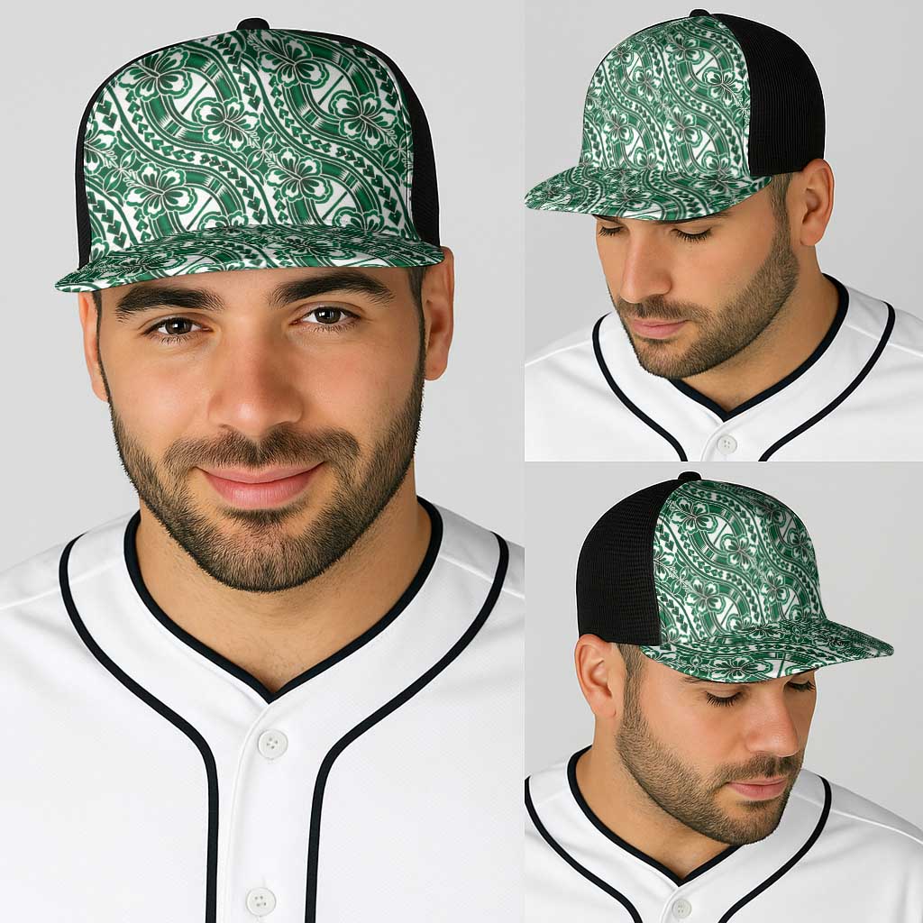 Hibiscus Bloom Island Tribal Waves Baseball Net Cap Green Polynesian Pattern