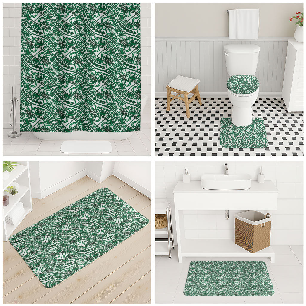 Hibiscus Bloom Island Tribal Waves Bathroom Set Green Polynesian Pattern