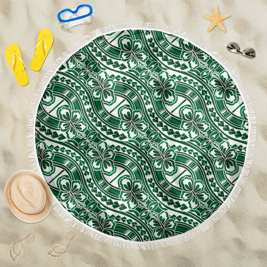 Hibiscus Bloom Island Tribal Waves Beach Blanket Green Polynesian Pattern