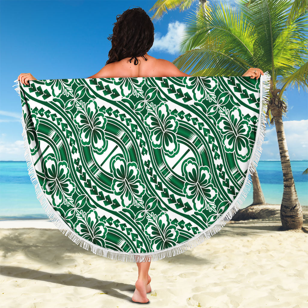 Hibiscus Bloom Island Tribal Waves Beach Blanket Green Polynesian Pattern