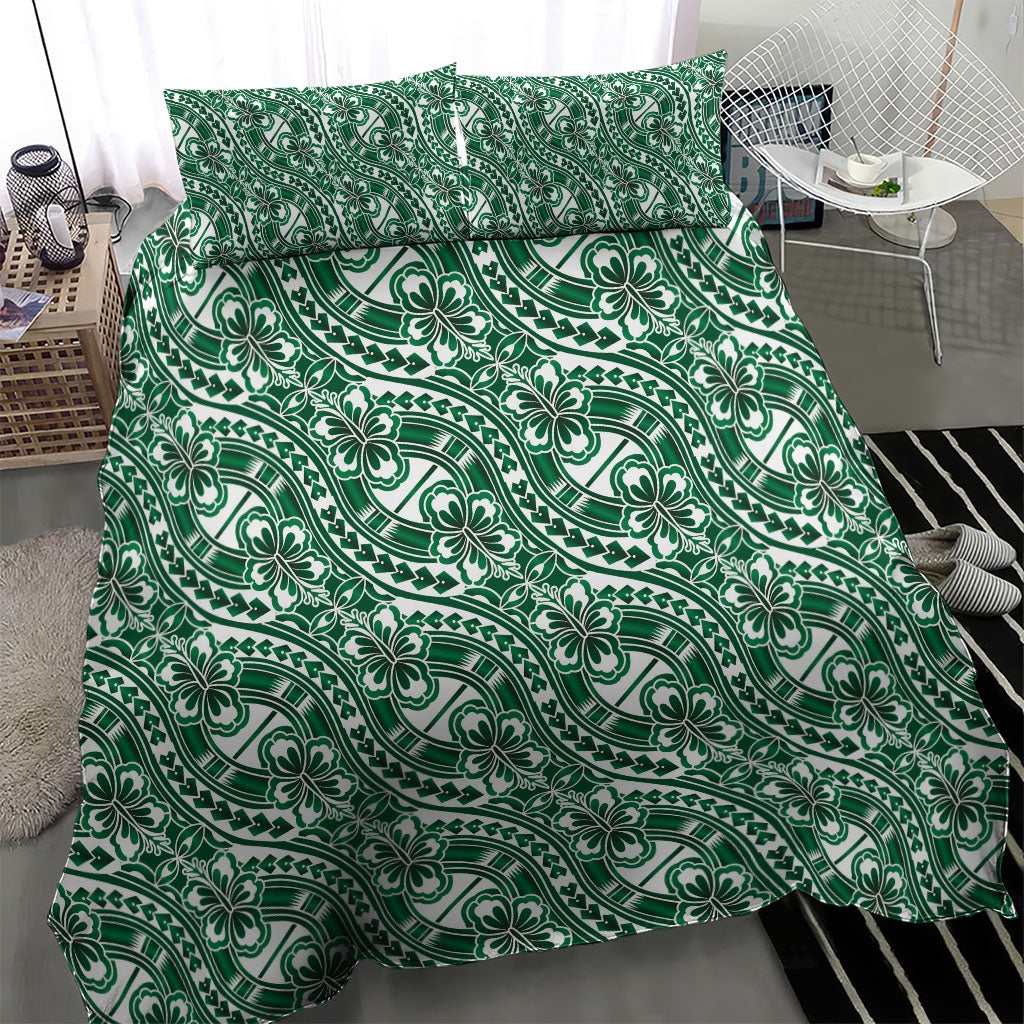 Hibiscus Bloom Island Tribal Waves Bedding Set Green Polynesian Pattern