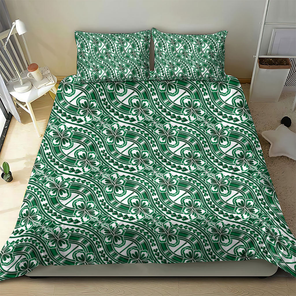 Hibiscus Bloom Island Tribal Waves Bedding Set Green Polynesian Pattern