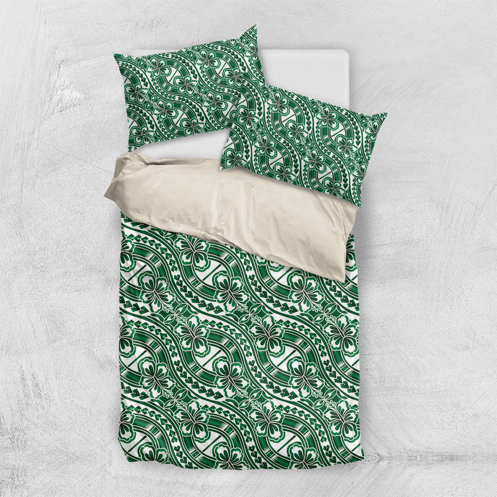 Hibiscus Bloom Island Tribal Waves Bedding Set Green Polynesian Pattern