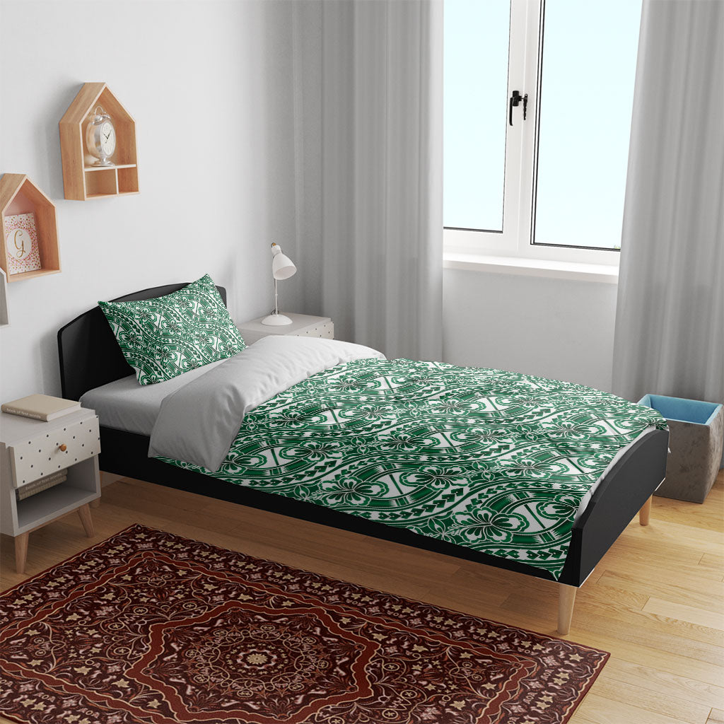 Hibiscus Bloom Island Tribal Waves Bedding Set Green Polynesian Pattern