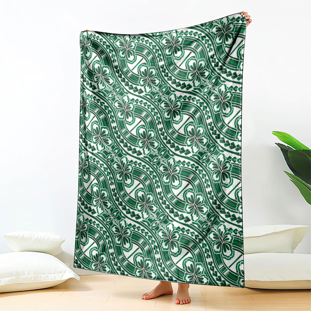 Hibiscus Bloom Island Tribal Waves Blanket Green Polynesian Pattern