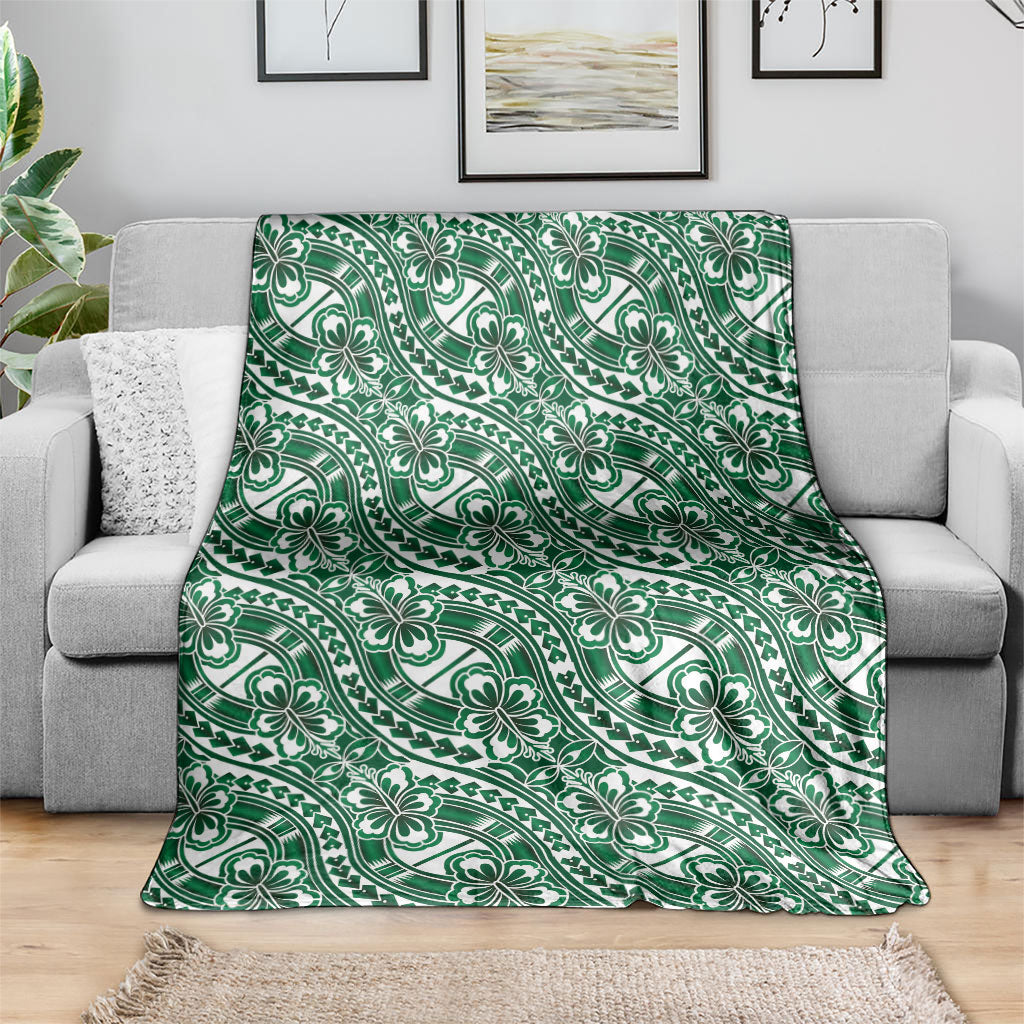 Hibiscus Bloom Island Tribal Waves Blanket Green Polynesian Pattern