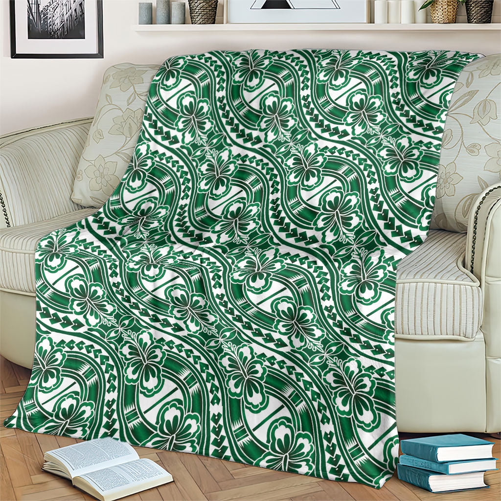 Hibiscus Bloom Island Tribal Waves Blanket Green Polynesian Pattern