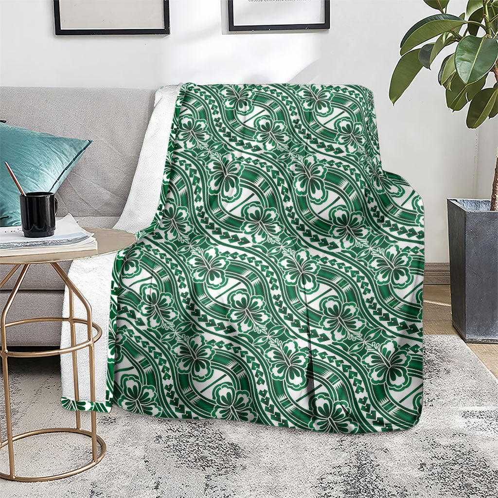 Hibiscus Bloom Island Tribal Waves Blanket Green Polynesian Pattern