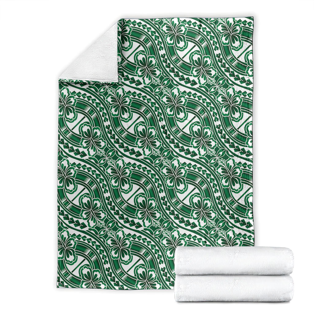 Hibiscus Bloom Island Tribal Waves Blanket Green Polynesian Pattern