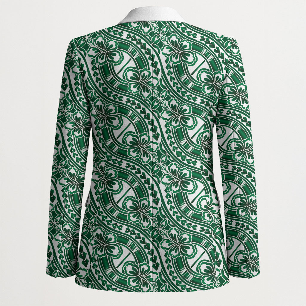 Hibiscus Bloom Island Tribal Waves Blazer Green Polynesian Pattern