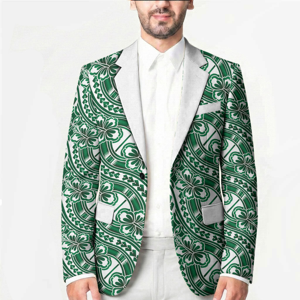 Hibiscus Bloom Island Tribal Waves Blazer Green Polynesian Pattern
