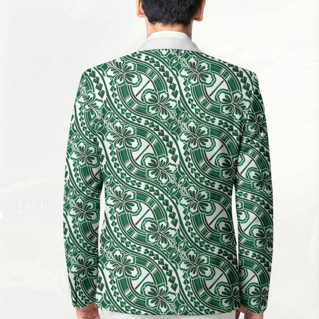 Hibiscus Bloom Island Tribal Waves Blazer Green Polynesian Pattern