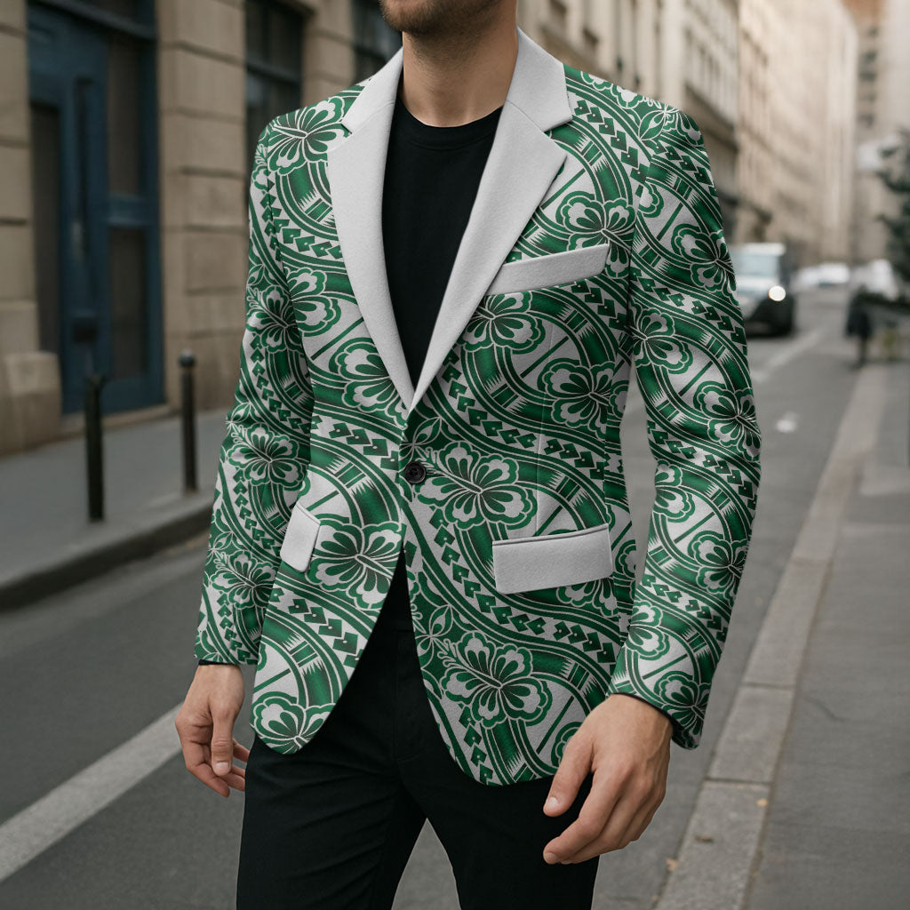 Hibiscus Bloom Island Tribal Waves Blazer Green Polynesian Pattern