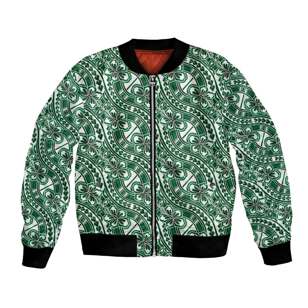 Hibiscus Bloom Island Tribal Waves Bomber Jacket Green Polynesian Pattern