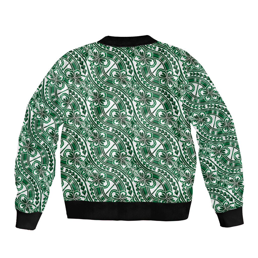 Hibiscus Bloom Island Tribal Waves Bomber Jacket Green Polynesian Pattern