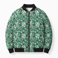 Hibiscus Bloom Island Tribal Waves Bomber Puffer Jacket Green Polynesian Pattern