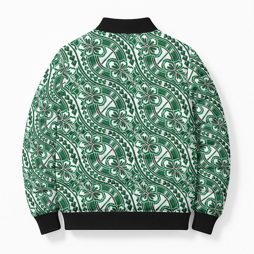 Hibiscus Bloom Island Tribal Waves Bomber Puffer Jacket Green Polynesian Pattern