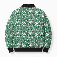 Hibiscus Bloom Island Tribal Waves Bomber Puffer Jacket Green Polynesian Pattern