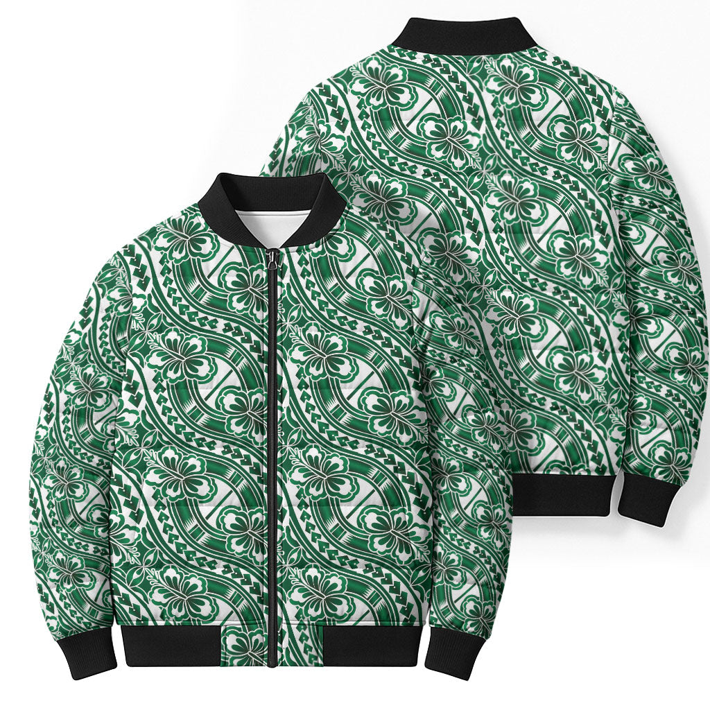 Hibiscus Bloom Island Tribal Waves Bomber Puffer Jacket Green Polynesian Pattern