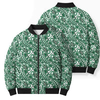 Hibiscus Bloom Island Tribal Waves Bomber Puffer Jacket Green Polynesian Pattern