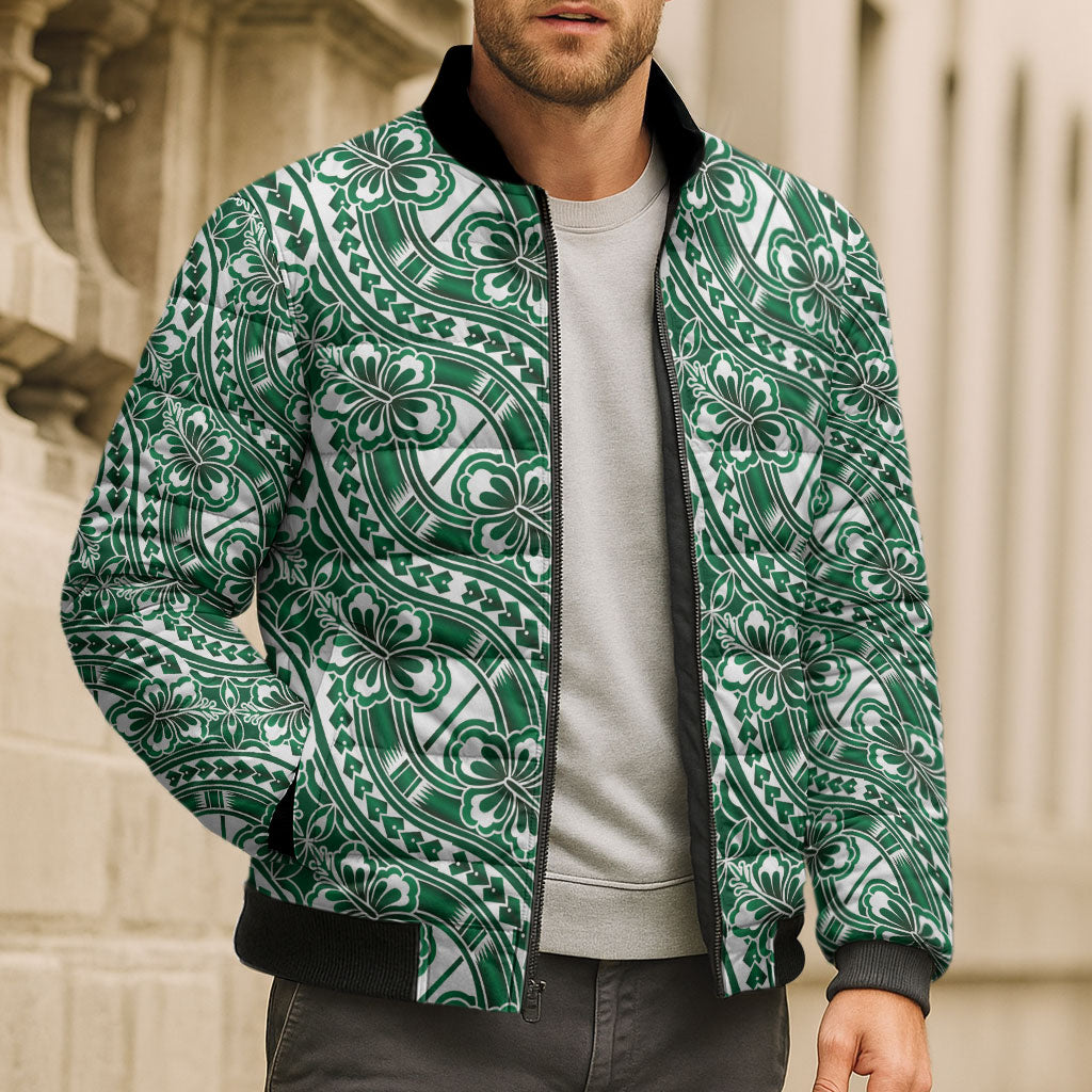 Hibiscus Bloom Island Tribal Waves Bomber Puffer Jacket Green Polynesian Pattern