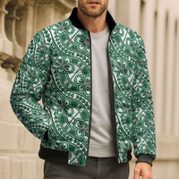 Hibiscus Bloom Island Tribal Waves Bomber Puffer Jacket Green Polynesian Pattern