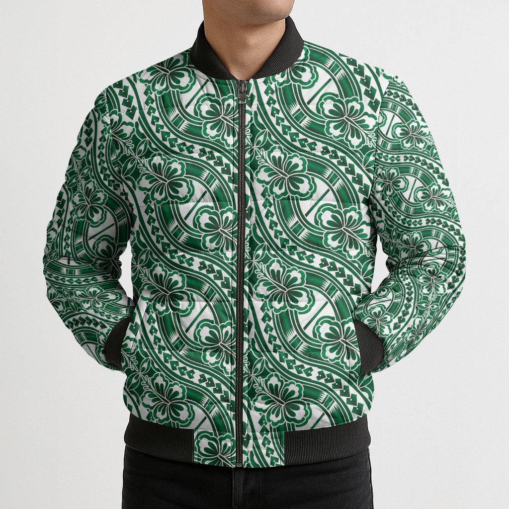 Hibiscus Bloom Island Tribal Waves Bomber Puffer Jacket Green Polynesian Pattern