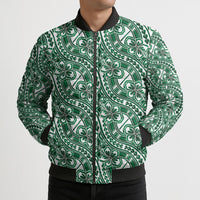 Hibiscus Bloom Island Tribal Waves Bomber Puffer Jacket Green Polynesian Pattern