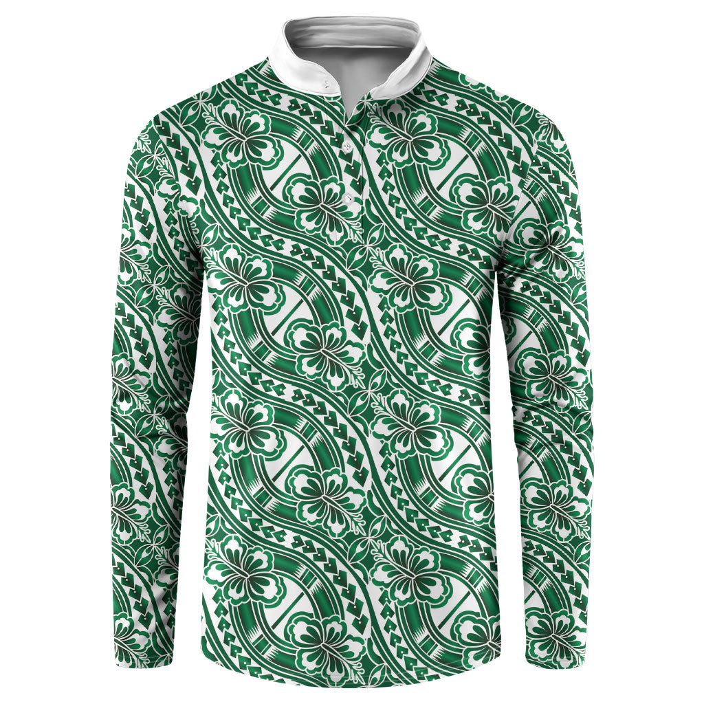 Hibiscus Bloom Island Tribal Waves Button Sweatshirt Green Polynesian Pattern
