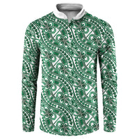 Hibiscus Bloom Island Tribal Waves Button Sweatshirt Green Polynesian Pattern