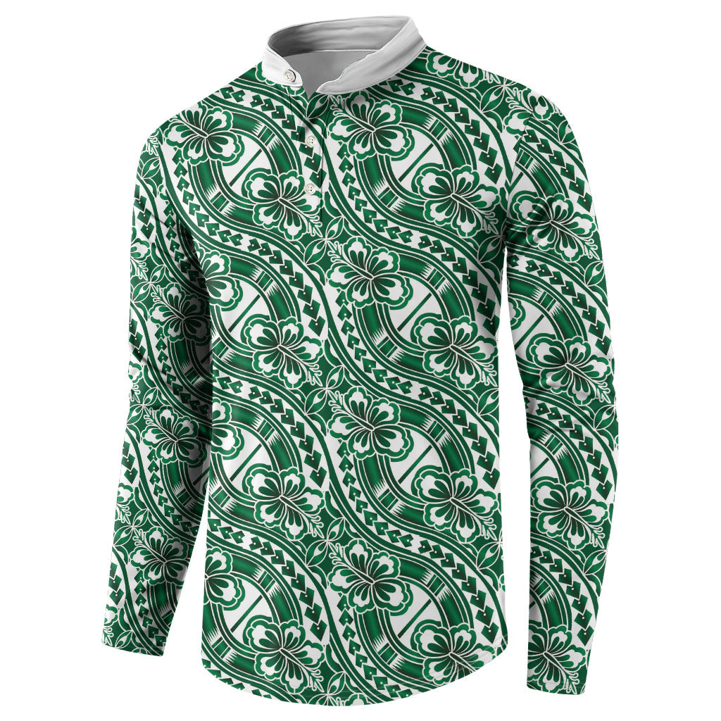 Hibiscus Bloom Island Tribal Waves Button Sweatshirt Green Polynesian Pattern