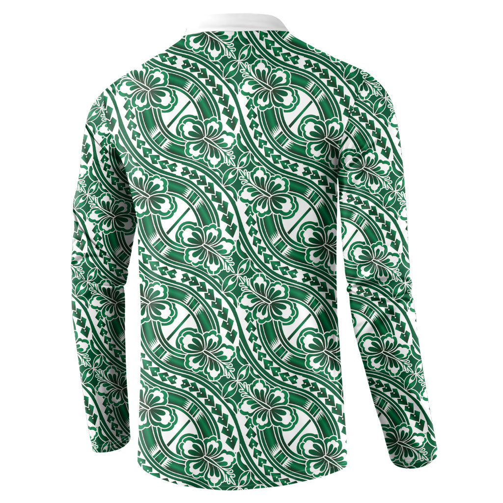 Hibiscus Bloom Island Tribal Waves Button Sweatshirt Green Polynesian Pattern