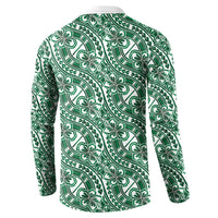 Hibiscus Bloom Island Tribal Waves Button Sweatshirt Green Polynesian Pattern