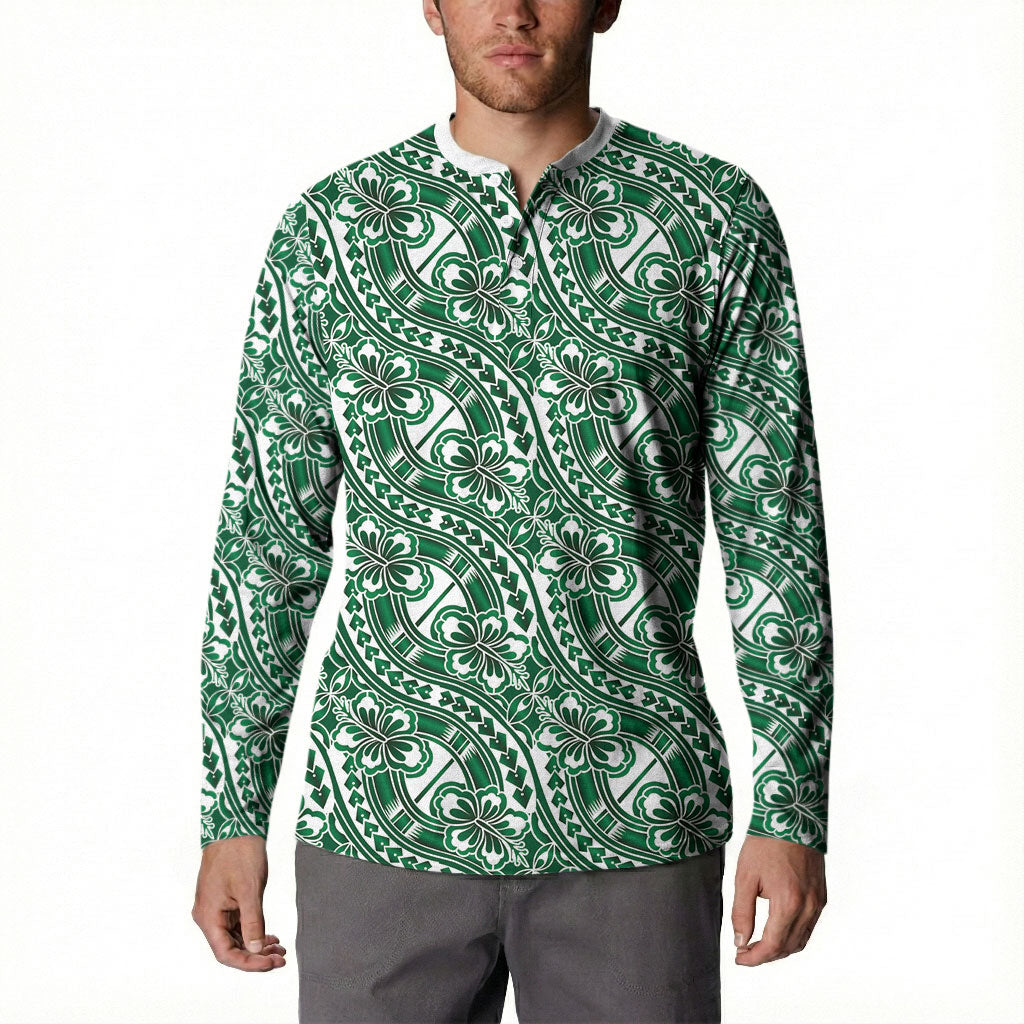 Hibiscus Bloom Island Tribal Waves Button Sweatshirt Green Polynesian Pattern