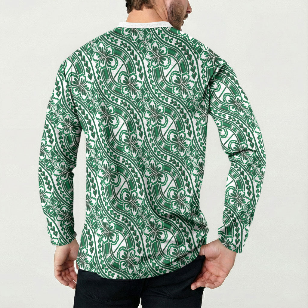 Hibiscus Bloom Island Tribal Waves Button Sweatshirt Green Polynesian Pattern
