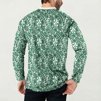 Hibiscus Bloom Island Tribal Waves Button Sweatshirt Green Polynesian Pattern